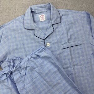 Brooks Brothers Mens Pajama Set Size M Blue White Plaid Cotton Long Sleeve *FLAW
